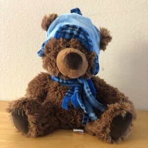 AURORA Brown Teddy Bear Blue Plaid Scarf & Cap Stuffed Animal 9” Plush EUC